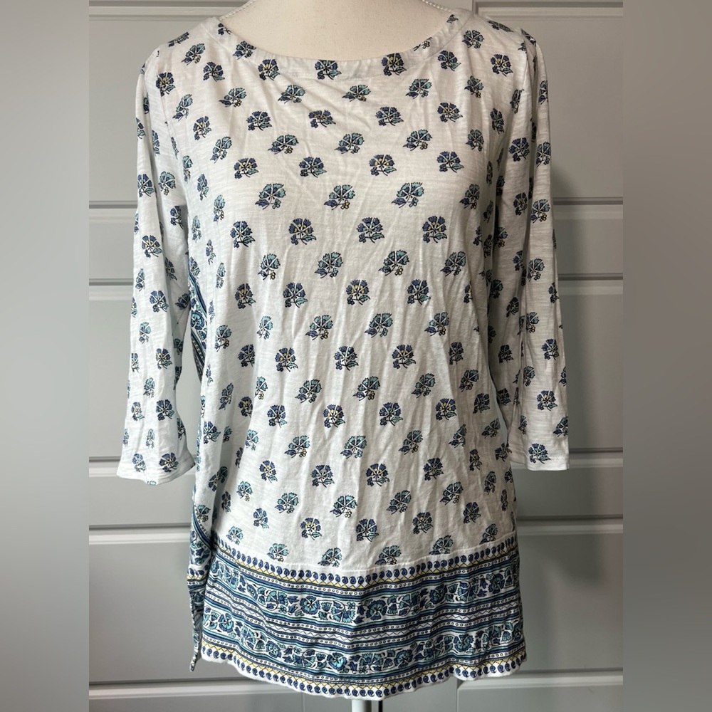 J Jill Floral Print Tunic Top, 3/4 Sleeve Casual Bohemian Style Blouse Petite MD
